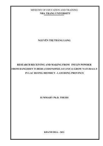 Tóm tắt Luận án Research receiving and making from inulin powder from dangshen tubers (codonopsis javanica) grow naturally in lac duong district - Lam dong province