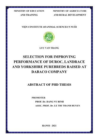 Tóm tắt Luận án Selection for improving performance of duroc, landrace and yorkshire purebreds raised at dabaco company