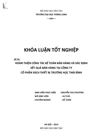Khóa luận Hoàn thiện công tác kế toán bán hàng và xác định kết quả bán hàng tại Công ty Cổ phần Sách TBTH Thái Bình