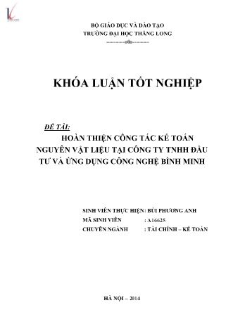 Khóa luận Hoàn thiện công tác kế toán nguyên vật liệu tại Công ty TNHH đầu tư và ứng dụng công nghệ Bình Minh