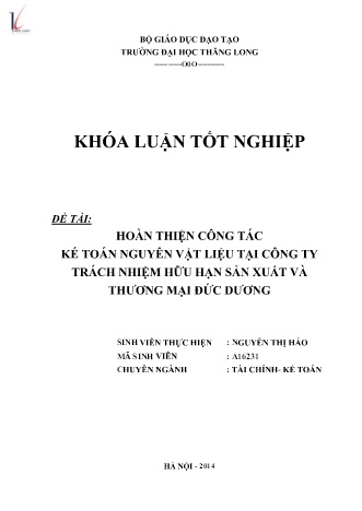 Khóa luận Hoàn thiện công tác kế toán nguyên vật liệu tại Công ty TNHH sản xuất và thương mại Đức Dương