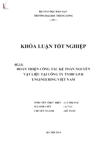Khóa luận Hoàn thiện công tác kế toán nguyên vật liệu tại Công ty TNHH S.P.B Engineering Việt Nam