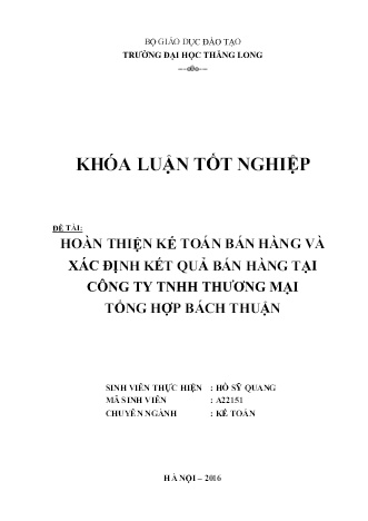 Khóa luận Hoàn thiện kế toán bán hàng và xác định kết quả bán hàng tại Công ty TNHH Thương mại Tổng hợp Bách Thuận