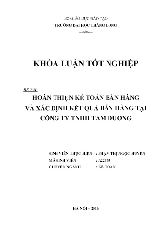 Khóa luận Hoàn thiện kế toán bán hàng và xác định kết quả bán hàng tại Công ty TNHH Tam Dương