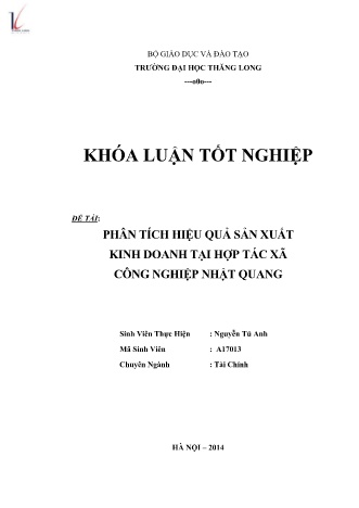 Khóa luận Phân tích hiệu quả sản xuất kinh doanh tại Hợp tác xã công nghiệp Nhật Quang
