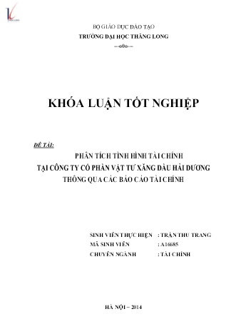 Khóa luận Phân tích tình hình tài chính của công ty cổ phần vật tư xăng dầu Hải Dương thông qua các Báo cáo tài chính
