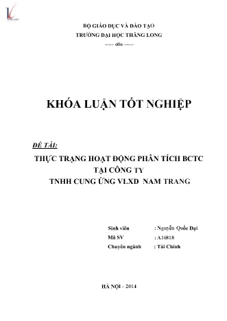 Khóa luận Thực trạng hoạt động phân tích Báo cáo tài chính tại Công ty TNHH cung ứng VLXD Nam Trang